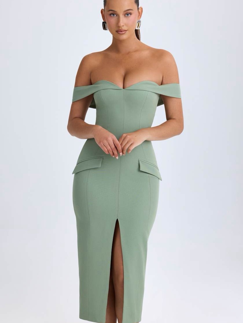 Oh Polly One-Shoulder Sage Green Midi Dress with Front Slit